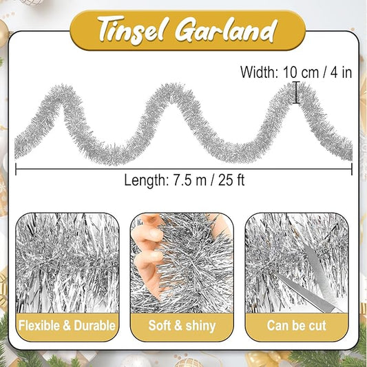 25 Feet Silver Christmas Tinsel Garland, Metallic Foil Twist Banner Wall Hanging Tinsel Streamers Backdrop for Parade Floats, Christmas, Mother's Day, Birthday Party Decorations(4in x 25ft)