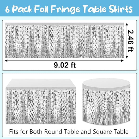 6 Pack 29 x108 Inch Silver Wave Foil Fringe Table Skirts Metallic Banner for Tinsel Streamer Garland Backdrop for Parade Floats, Mother's Day, Easter, Wedding, Birthday Party Decoration