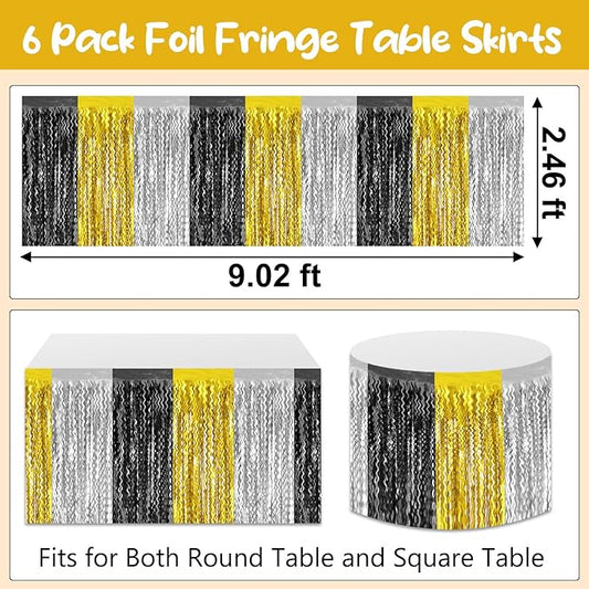 6 Pack 29 x108 Inch Black Gold Silver Wave Foil Fringe Table Skirts Metallic Banner for Tinsel Streamer Garland Backdrop for Parade Floats, Mother's Day, Easter, Wedding, Birthday Party Decoration