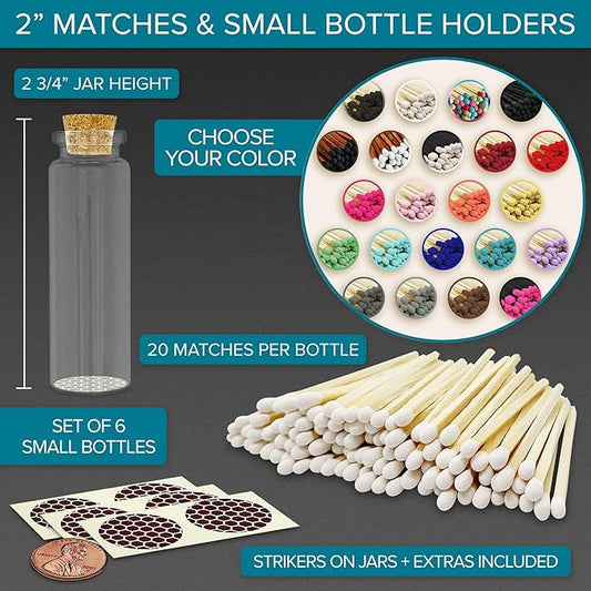 2" Matches in 6 Glass Bottles Cork Top, Striker Stickers Included | 120 Matchsticks Color of Your Choice | Decorative Safety Matches w/Small Glass Holder | Gifts & Home Decor by Thankful Greetings