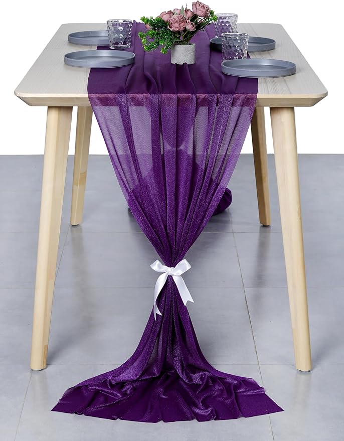 MDS 5 Pack 10ft Chiffon Table Runner 29 x 120 Inches Sheer Wedding Runner Romantic Rustic Table Runner for Wedding Decorations, Birthday Parties, Bridal Shower Party Arch Decor - Cadbury Purple