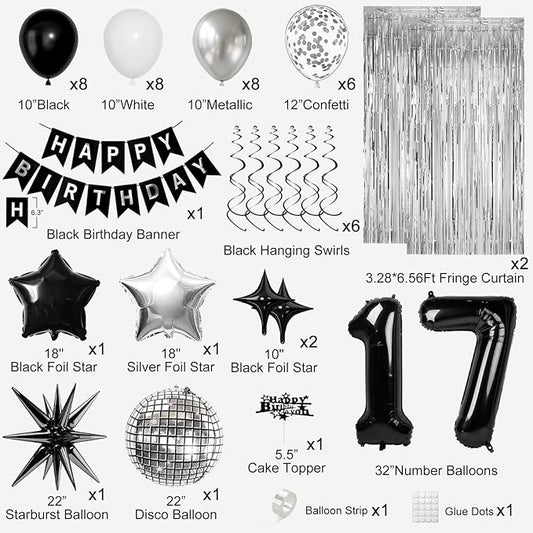 17th Birthday Decorations for Boys Girls, Black Silver Happy Birthday Party Decorations, 17 Year Old Party Supplies with Number 17 Balloons, Banner, Fringe Curtains Kit