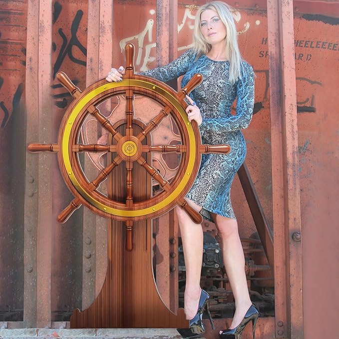 4 Feet Pirate Nautical Party Decorations Halloween Ship Wheel Cardboard Cutout Stand up Large Captain Wheel Photo Props Back Drops for Halloween Pirate Nautical Party Outdoor Home Decor