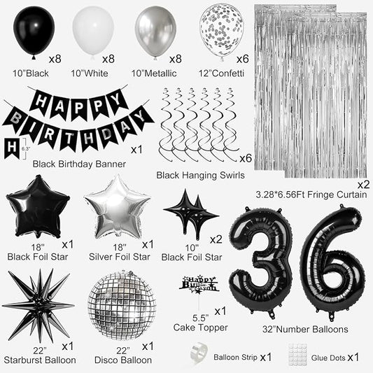 36th Birthday Decorations for Men Women, Black Silver Happy Birthday Party Decorations, 36 Year Old Party Supplies with Number 36 Balloons, Banner, Fringe Curtains Kit