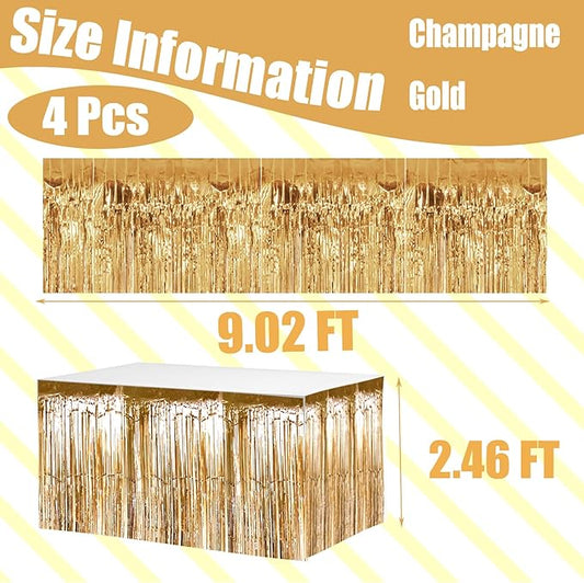 4 Pack 29x108 Inch Metallic Foil Fringe Tinsel Table Skirts for Rectangle Tables Streamer Curtains Backdrop for Christmas, Birthday, Parade Floats, Halloween Party Supplies(Champagne Gold)