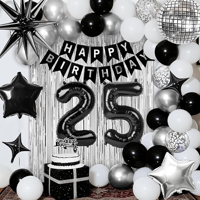 25th Birthday Decorations for Men Women, Black Silver Happy Birthday Party Decorations, 25 Year Old Party Supplies with Number 25 Balloons, Banner, Fringe Curtains Kit