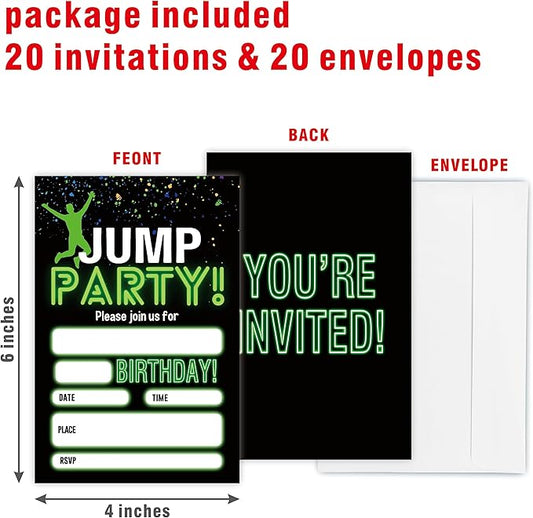 Glow Trampoline Birthday Invitations, Jump Party Invite Cards(20 Count) With Envelopes, Fill In Style Invite Cards For Boys & Girls, Birthday Party Supplies-C01
