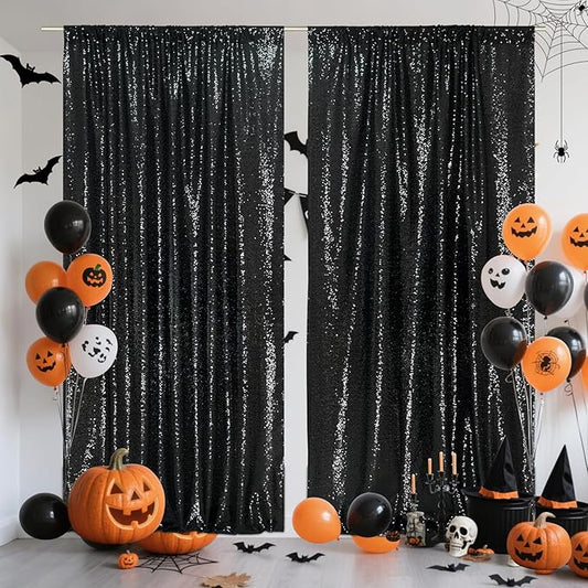SquarePie Sequin Backdrop Curtain 8FT x 10FT Black Satin Backing Fabric Photography Background for Wedding Patry 4FT x 10FT 2 Panels