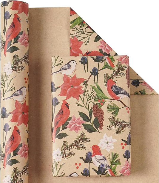 RUSPEPA Kraft Christmas Wrapping Paper Roll, Mini Roll, Watercolor Bird and Botanical Design with Flowers & Pinecones, Kraft Gift Wrap for Women, Friends, Holiday, Winter Party, 17 Inches x 16.4 Feet