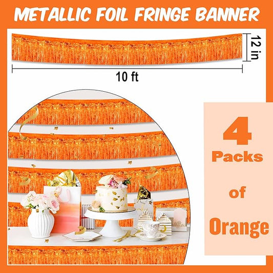 4 Pack 10 Ft Orange Foil Fringe Garland Metallic Streamers Tinsel Banner Wall Hanging Garland Backdrop for Parade Floats, Halloween, Christmas, Thanksgiving, New Year Party Decorations