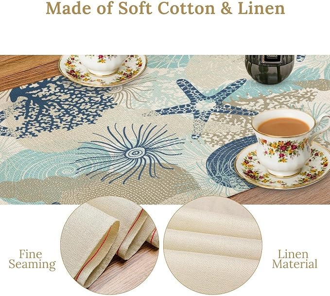 Nautical Coastal Table Runner,Ocean Themed Starfish Coral Conch Beach Kitchen Dinning Table Decoration for Indoor Outdoor Home Party Decor 13x36 Inch