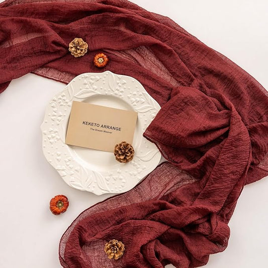 6pcs Burgundy Cheesecloth Table Runner Gauze 120 Inch 10 FT Rustic Boho Cheese Cloth Runner for Wedding Baby Shower Bridal Shower Engagement Birthday Party Long Sheer Home Decorations