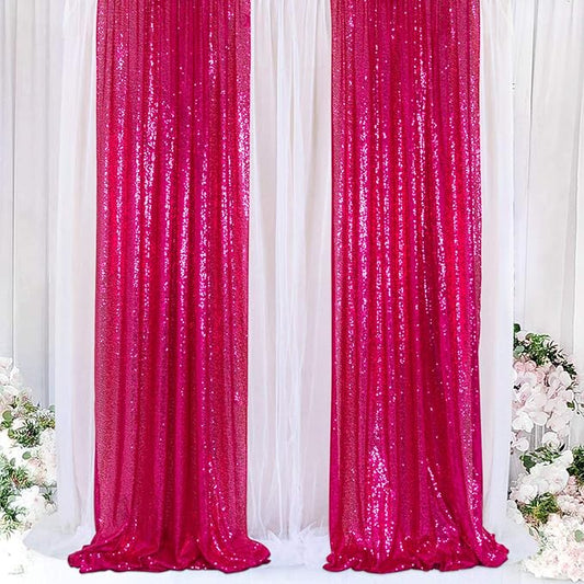 ShinyBeauty Sequin Curtains Panels Hot Pink Sequin Backdrops 4 Pieces Photo Backdrop Shimmer Background for Baby Shower Fuchsia Fabric Curtain New Year,Birthday Party,Holiday Decor (2Ftx8Ft)