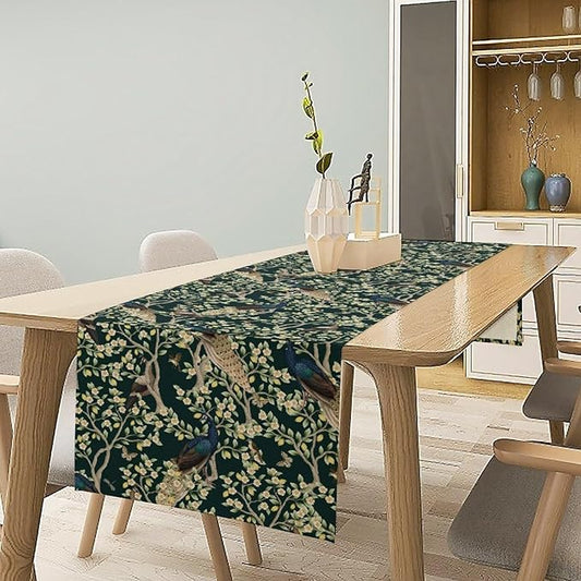 Peacock Table Runner,Retro Floral Plants Peacock Table Runner for Home Kitchen Dining Party Indoor Outdoor Decoration 13x70 Inch