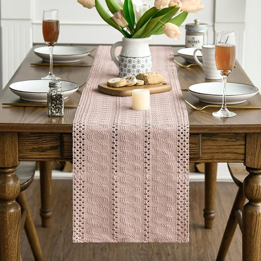 Artoid Mode Pink Farmhouse Woven Rustic Hollow Table Runner, Seasonal Holiday Hollow Kitchen Dining Table Decoration for Home Party Decor 12x48 Inch