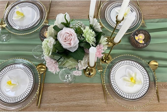 EHLDekol 13ft Sage Green Chiffon Table Runner, 29x156 Inches Romantic and Rustic Boho Wedding Runner, Sheer Bridal Party Decorations