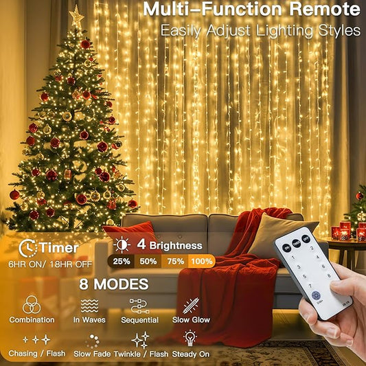 suddus 900 LED Christmas String Lights Outdoor, 9.8x29.5ft Curtain Light Plug in with Remote, 8 Modes Wall Hanging Lights for Christmas,Dorm,Wall,Window,Wedding,Party,Birthday Decor,Warm White