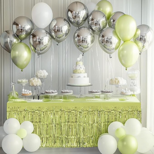 2 Pack Lime Green Table Skirts, 29x108" Metallic Foil Tinsel Fringe Table Skirt for Rectangle Tables Streamer Curtains Backdrop, Party Decorations for Birthdays, Weddings, Holidays