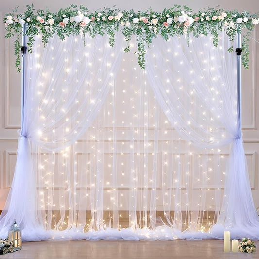 White Tulle Backdrop Curtain with Lights String for Parties Wedding Bridal Shower Sheer White Curtain Backdrop for Birthday Baby Shower Photo Booth Photography Background Decorations 10ft x 8ft