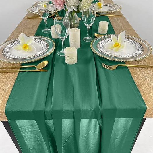 EHLDekol 10ft Chiffon Table Runners 27x120 inches Romantic Sheer Wedding Table Runner Top Table Bridal Party Decoration (Emerald Green,10ft)