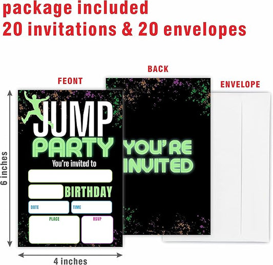 Jump Party Birthday Invitations, Glow Trampoline Birthday Party Invite Cards(20 Count) With Envelopes, Fill In Style Invite Cards For Boys & Girls, Birthday Party Supplies-B01