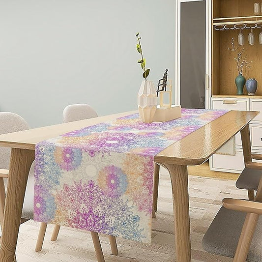 Oriental Mandala Table Runner, Traditional Bohemian Gradiently Purple Pink Blue Mandala Flower Table Runner for Farmhouse Cottage Kitchen Dining Table Decor, 13x70inch