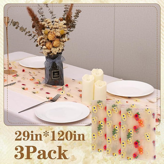 3PCS Champagne Floral Table Runner 10 FT, Embroidery Daisy Table Runners Seasonal Sheer Tulle Table Runner for Thanksgiving Wedding Birthday Baby Shower Party 