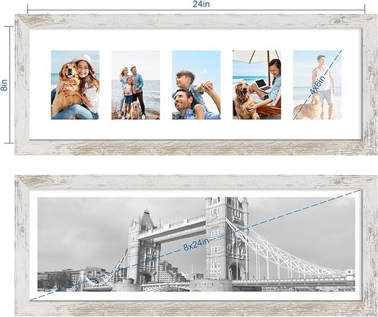 8x24 Picture Frame 2 Pack, Distressed White Wood Frame with Tempered Glass, Display Pictures Multiple Five 4x6 With Mat or 8 x 24 Without Mat - Horizontal or Vertical Wall Mounting