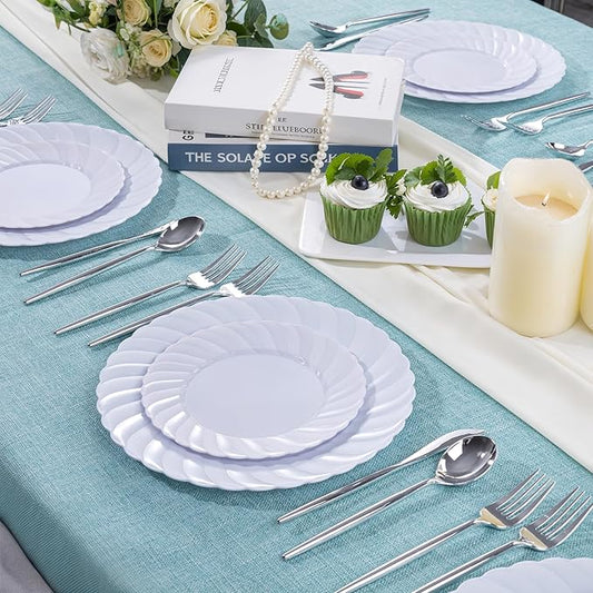 U-QE 60 Pcs White Plastic Plates for Party – Scalloped Plastic Plates Heavy Duty & Elegant – Include 30 10.25" Dinner & 30 7.25" Dessert Plate - Perfect for Weddings, Bridal Showers and Parties
