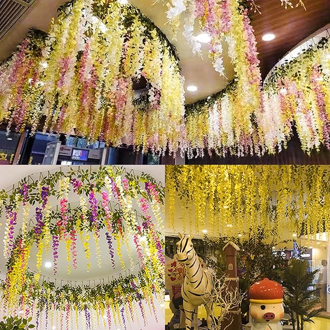 Wisteria Hanging Flowers 12 Pack Wisteria Artificial Flowers Fake Silk Flowers String Vine Ratta Hanging Garland for Home Garden Party Wedding Backdrop Arch Decor (Yellow)