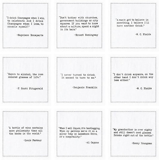 Five Star Napkins Literary Bar Quotes White Cotton Cocktail Napkins, Beverage Napkins, Bar Napkins, Cloth Napkins, Party Napkins, Holidays, Weddings, Birthdays, Disposable, 4.5" x 4.5"- (50x)