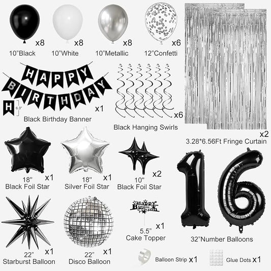 16th Birthday Decorations for Boys Girls, Black Silver Happy Birthday Party Decorations, 16 Year Old Party Supplies with Number 16 Balloons, Banner, Fringe Curtains Kit