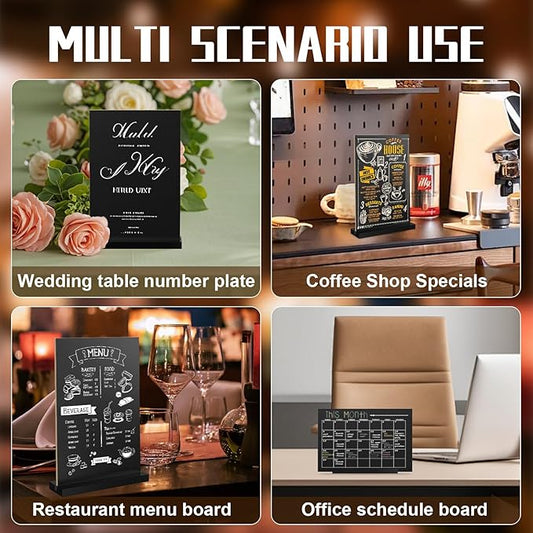 EHWINE Mini Chalkboard Easel Sign Set,4 Pack 6x8 Inch Wooden Boards with Acrylic Base and Liquid Chalk Markers, Reusable Double Sided Tabletop Display for Wedding, Restaurant, Party, Coffee Shop Decor