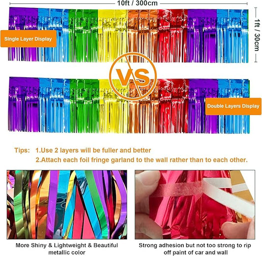 4 Pack 10 Feet Colorful Foil Fringe Garland Rainbow Tinsel Streamers Banner Fringe Curtain Banner for Parade Floats Graduation Homecoming Carnival Birthday Pride Party Decor (Rainbow)