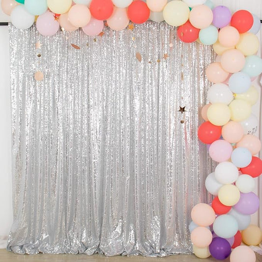 ShinyBeauty Silver Sequin Backdrop 2 Pieces, Photograph Background 7FTx7FT Shiny Gray Backdrop Curtains Panels Sparkly Backdrops Glitter Drapes for Weddding,Parties,Studio,Photo Decor(14FTx7FT)