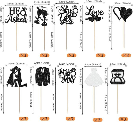 30 Pack Bride to be Cupcake Toppers Glitter Diamond Ring Love I Do Cupcake Picks Miss to Mrs He Asked She Said Yes Bridal Shower Wedding Engagement Bachelorette Cake Decorations Party Black