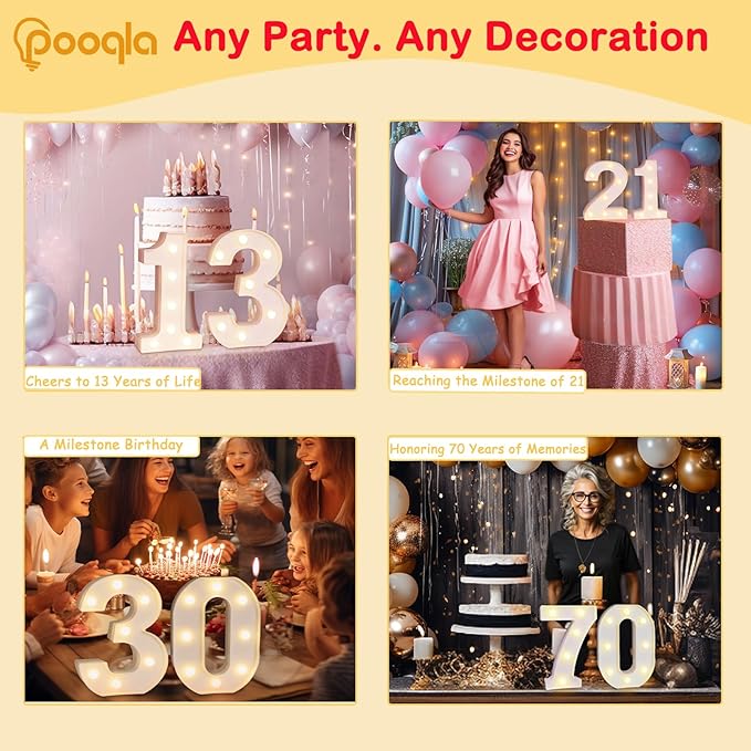 Pooqla Decorative LED Light Up Number Letters, White Plastic Marquee Number Lights Sign for Birthday Party Wedding Decor, Battery Operated (11)