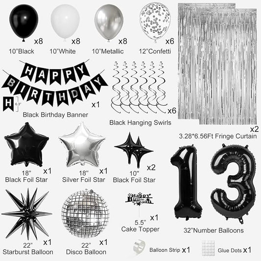 13th Birthday Decorations for Boys Girls, Black Silver Happy Birthday Party Decorations, 13 Year Old Party Supplies with Number 13 Balloons, Banner, Fringe Curtains Kit