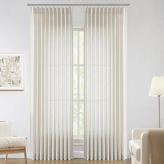 Vision Home Natural Pinch Pleated Semi Sheer Curtains Textured Linen Blended Light Filtering Window Curtains 112 inch for Living Room Bedroom Patio Pinch Pleat Drapes with Hooks 1 Panel 60" Wx112 L