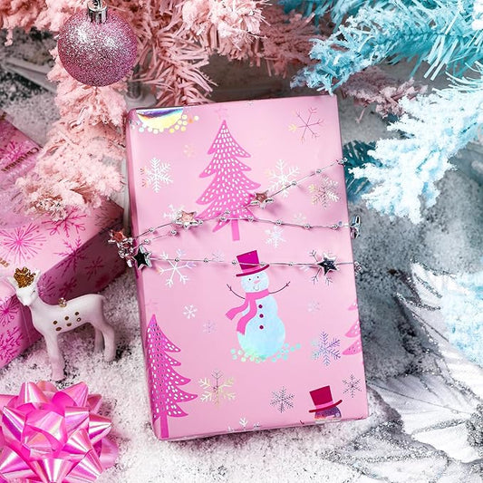 LeZakaa Christmas Pink Wrapping Paper Jumbo Roll, Snowman Christmas Tree & Snowflake Metallic Foil, Rose Gold Foil Reversible Design for Festive Winter Holiday, Family Gathering, 30 inches x 32.8 Feet