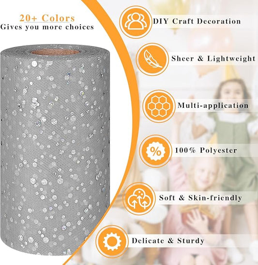 Glitter Tulle Rolls, 6” by 50 Yards (150FT) Sequin Tule Netting Fabric Tulle for Tutu Skirts Sewing Birthday Wedding Party Decoration (Sliver)