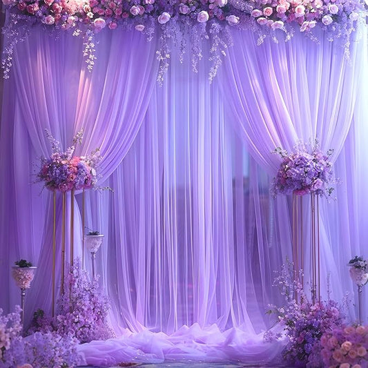 Purple Tulle Backdrop Curtain for Baby Shower Girls Birthday Party Purple Sheer Backdrop Drapes for Wedding Reception Photoshoot Elephant Theme Background Decorations 2 Panels 5 ft X 8 ft