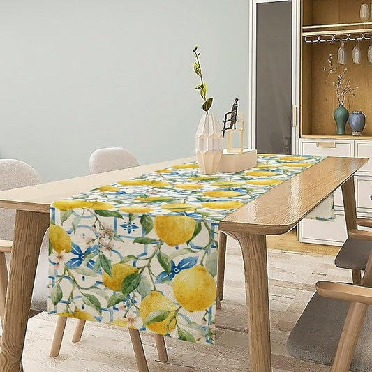 Lemon Table Runner,Watercolor Fruit Green Leaves Spring Summer Table Cloth Kitchen Dining Table Home Party Decoration 13x60 Inch