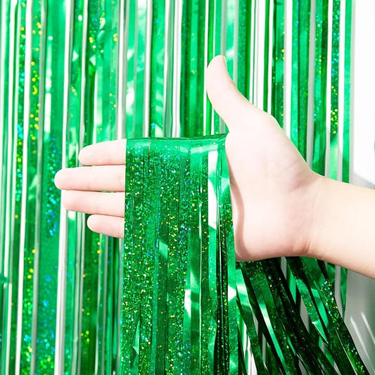 2 Pack Laser Green Tinsel Foil Fringe Curtains, Green Party Decorations, Metallic Tinsel Party Streamers Backdrop for Birthday Baby Shower St Patrick's Day Christmas Party Decorations