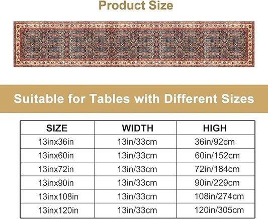 Vintage Boho Floral Table Runner, Rustic Country Farmhouse Red Teal Retro Flower Pattern for Home Kitchen Table Decor Dining Coffee Room Party Decor 13x60in