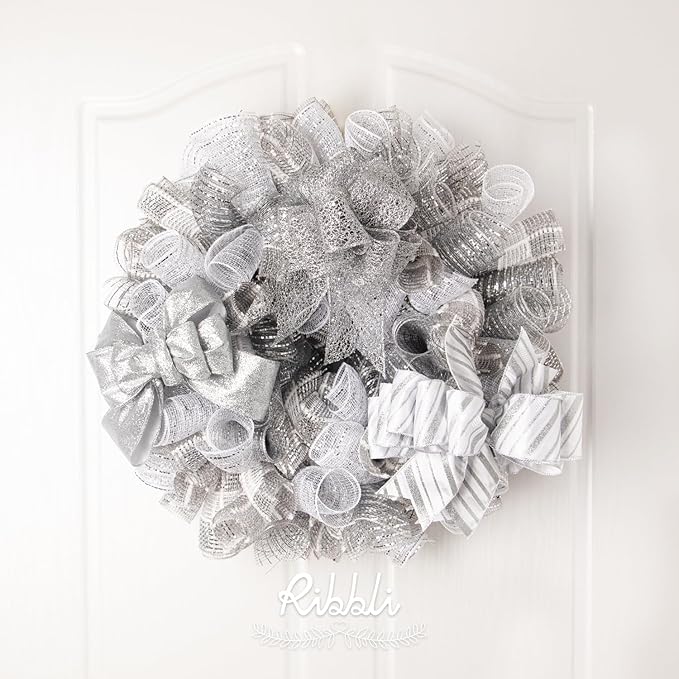 Ribbli 2 Rolls Silver Mesh Ribbon,10 inch x 30 feet(10Yard) Each Roll,Metallic Lt.Silver with Wide Silver Foil,Valentine's Day Ribbon for Wreath Swags and Decorating