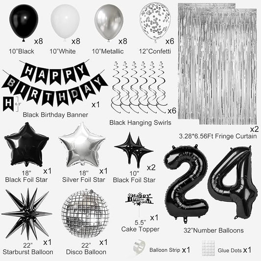 24th Birthday Decorations for Men Women, Black Silver Happy Birthday Party Decorations, 24 Year Old Party Supplies with Number 24 Balloons, Banner, Fringe Curtains Kit