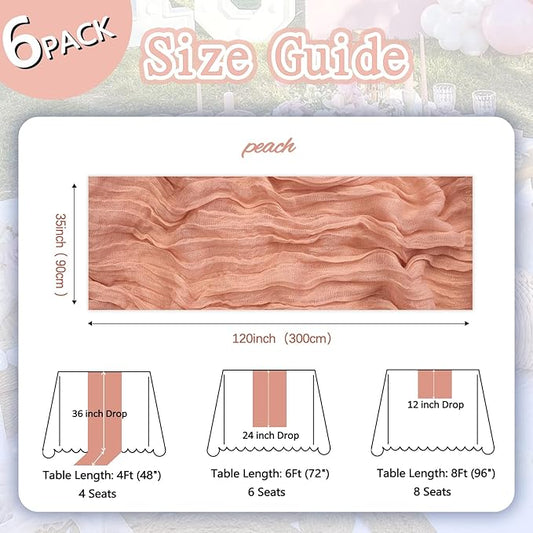 6 Pack Peach Cheesecloth Table Runner 10ft Boho Gauze Fabric Cheese Cloth Table Runner 35 x 120 Inch Rustic Sheer Runner for Romantic Wedding Decor Baby Shower Party Table Centerpiece Decoration