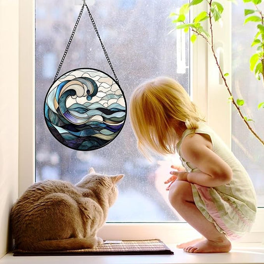 Stained Glass Window Hanging, Ocean Waves Sun Catchers Diamond Glass Panel Hangings Abstract Suncatcher Decor for Birthday for Women, Men, Wife, Aunt, and Mom 7.8 in