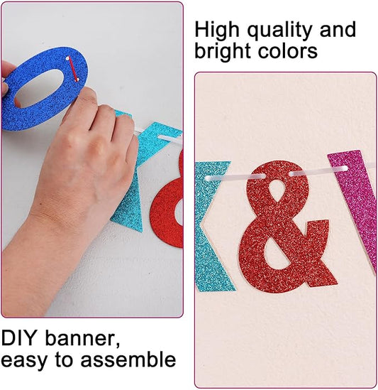 BEISHIDA 116 PCS A-Z Glitter Colorful DIY Letter Banner Kit Make Your Own Banner,Including 111 Letters and Numbers 3 Rope and 2 Threading Device,Customized for Birthday Graduation Wedding Party Decor